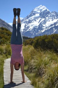 Handstand on the trail to Aoraki, New Zealand
